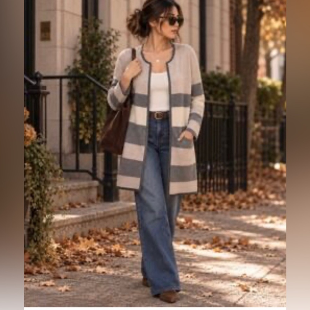 Talbots Sweater Cardigan Large 100% Merino Wool Open Front Duster Gray Tan Ivory